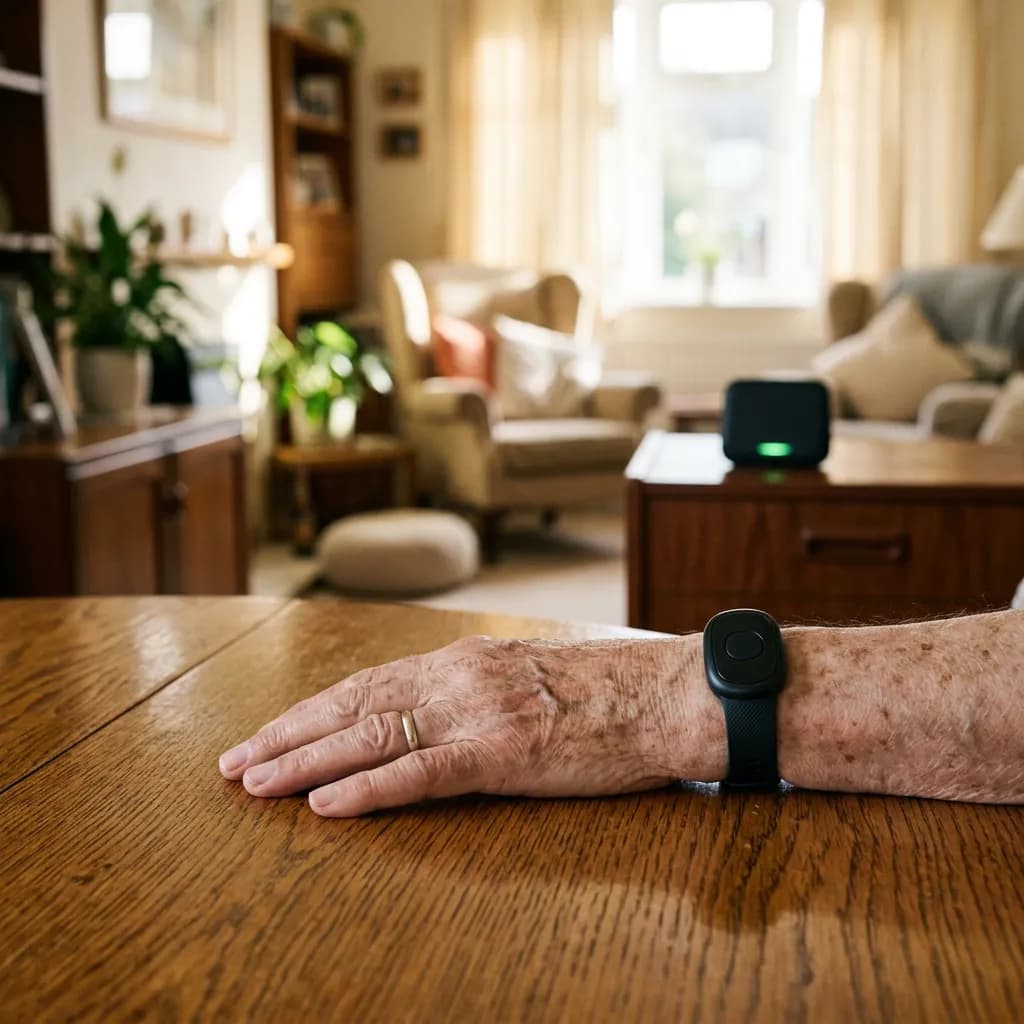 Hand einer älteren Person mit Notruf-Armband auf Holztisch, im Hintergrund wohnliches Zimmer.