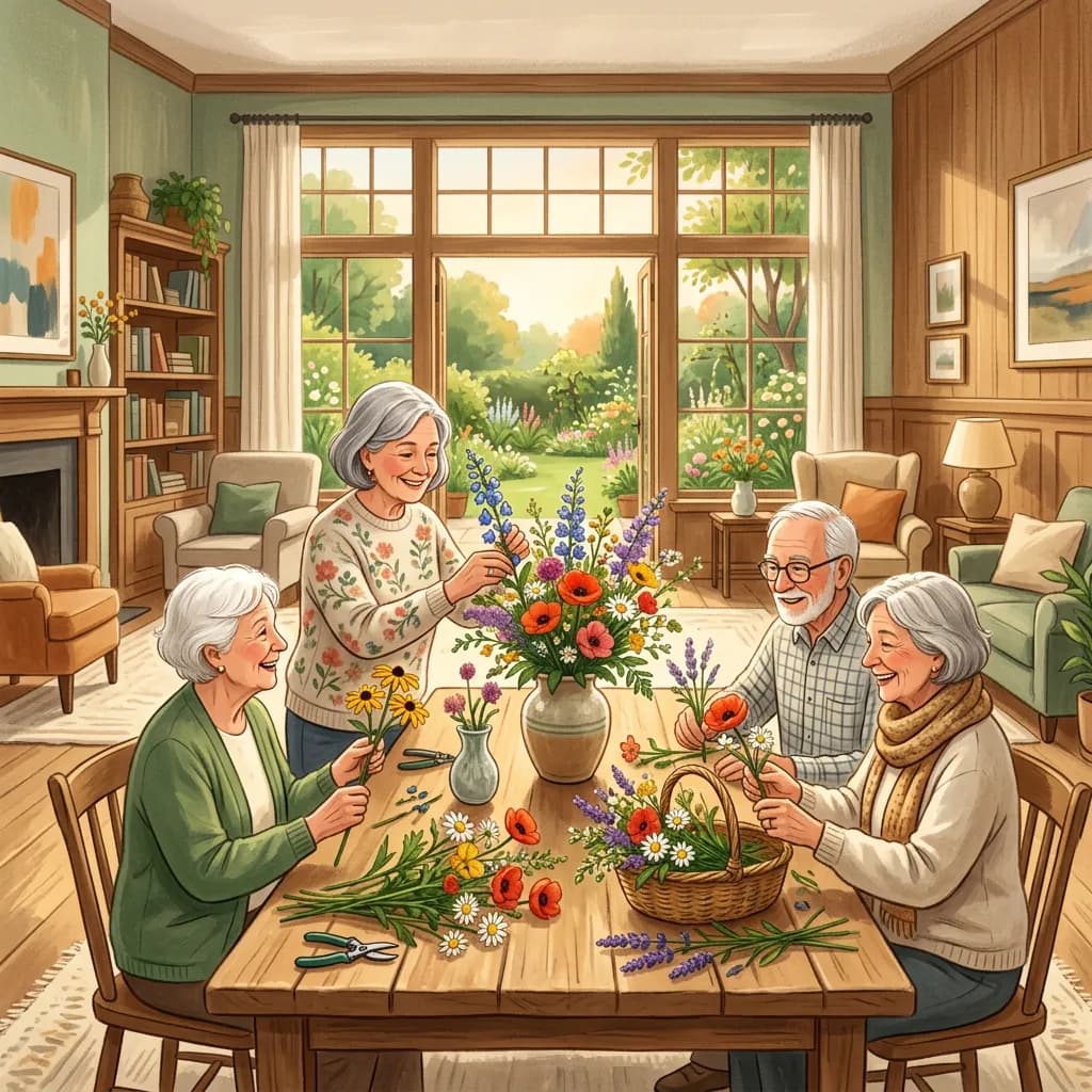 Senioren an einem Tisch beim gemeinsamen Arrangieren bunter Wildblumen in einem hellen Gemeinschaftsraum.