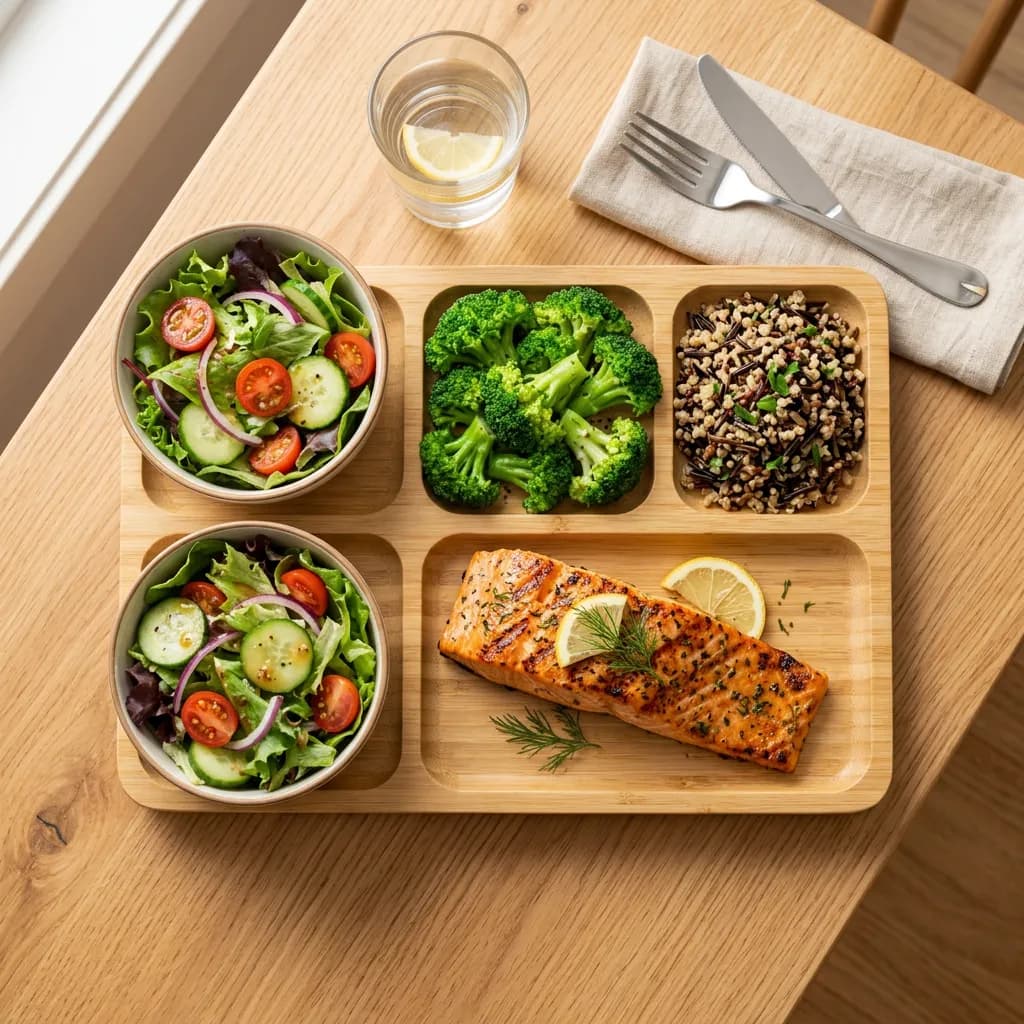 Tablett mit Lachs, Brokkoli und Wildreis neben Salat und Wasser auf Holztisch.