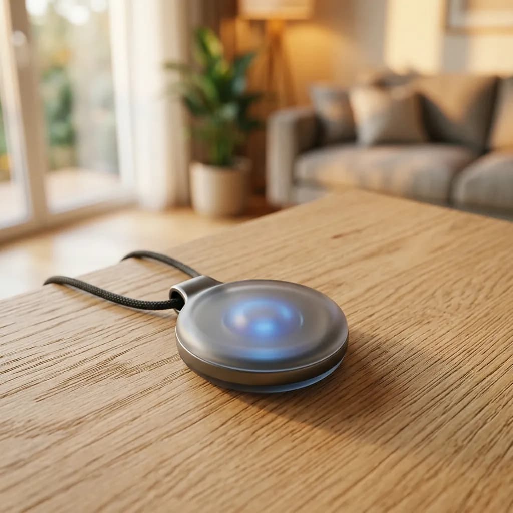 Minimalistische Smartwatch mit blau leuchtendem Sensor auf einer Holzoberfläche vor einem hellen Wohnzimmer.