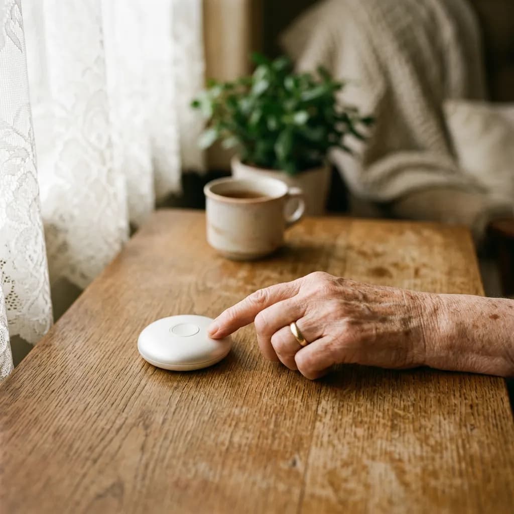 Hand eines älteren Menschen auf einem Holztisch neben einem runden, perlweißen Notrufknopf.