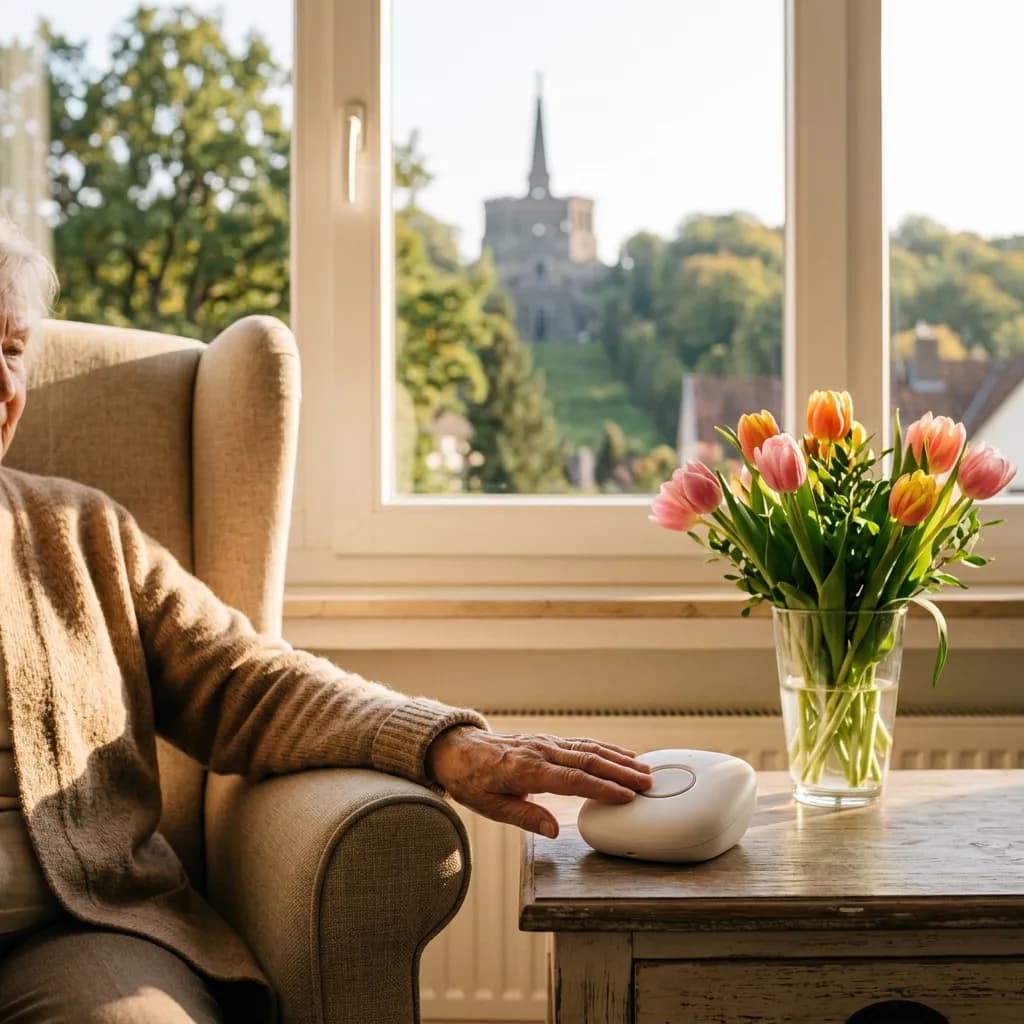 Hand eines älteren Menschen auf einem Notrufgerät im hintergrund der Herkules kassel 2
