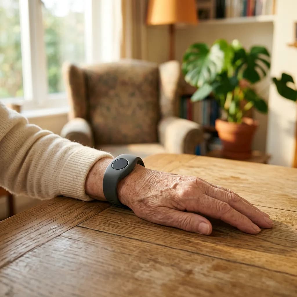 Hand eines älteren Menschen mit modernem Notrufarmband auf einem Holztisch in einem Wohnzimmer.