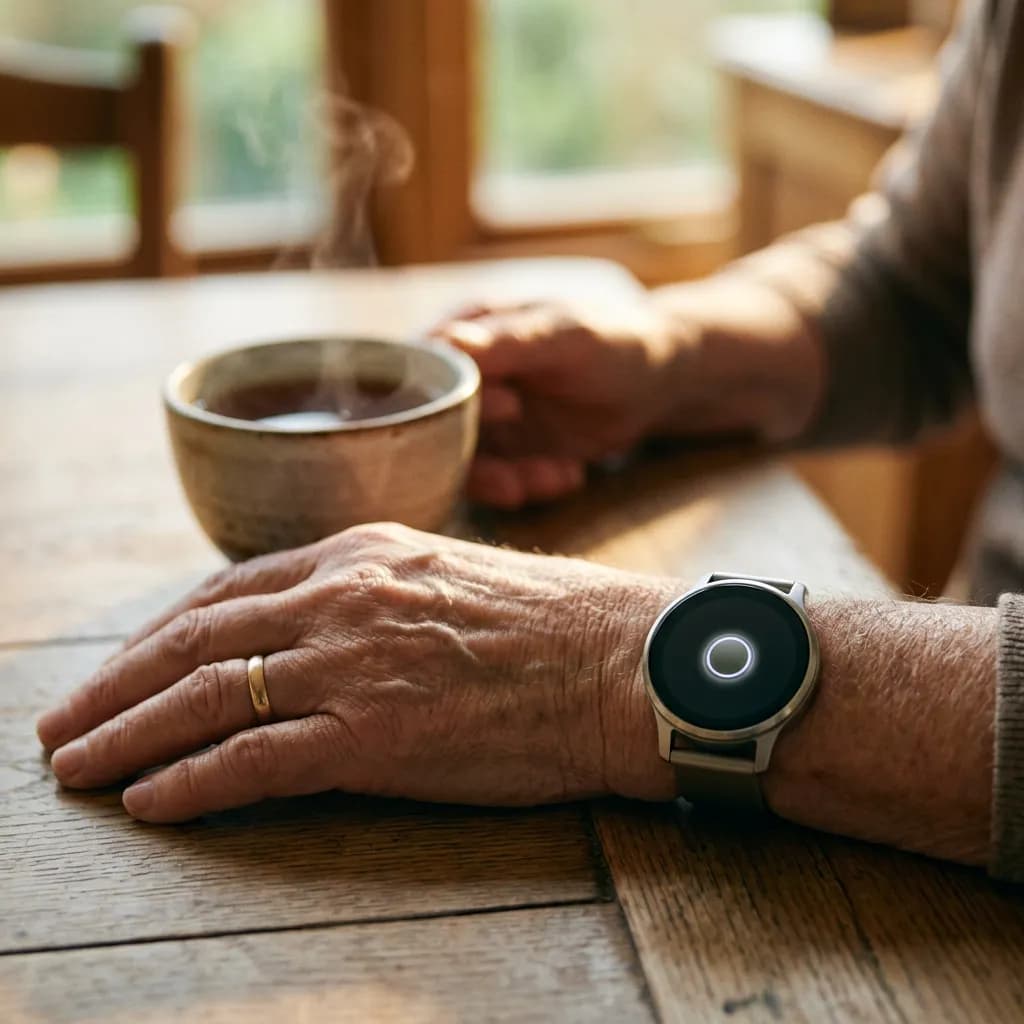 Hand eines älteren Menschen mit Smartwatch auf Holztisch neben dampfender Teetasse.