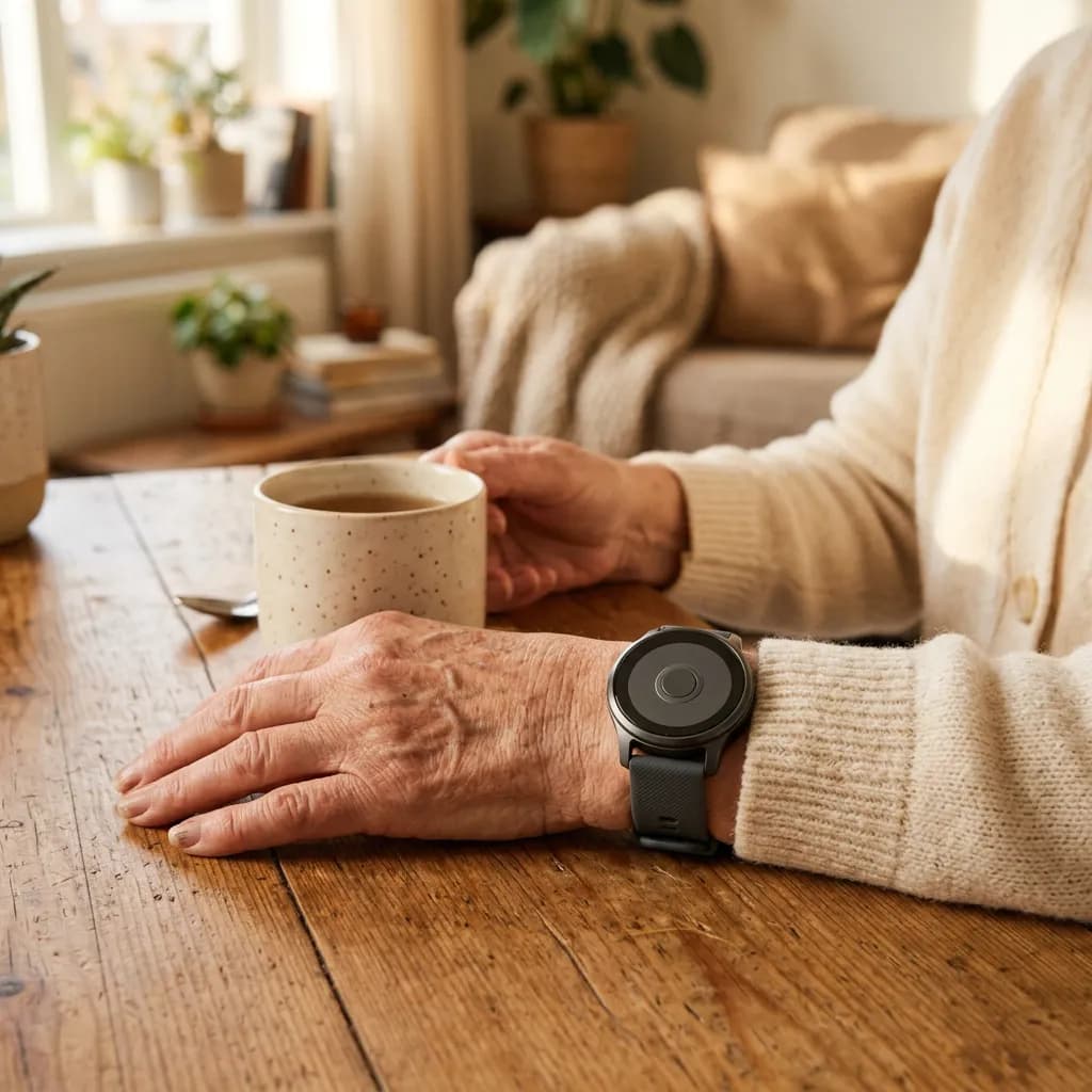 Hand eines älteren Menschen mit Notruf-Smartwatch an einem Holztisch neben einer Tasse Tee.