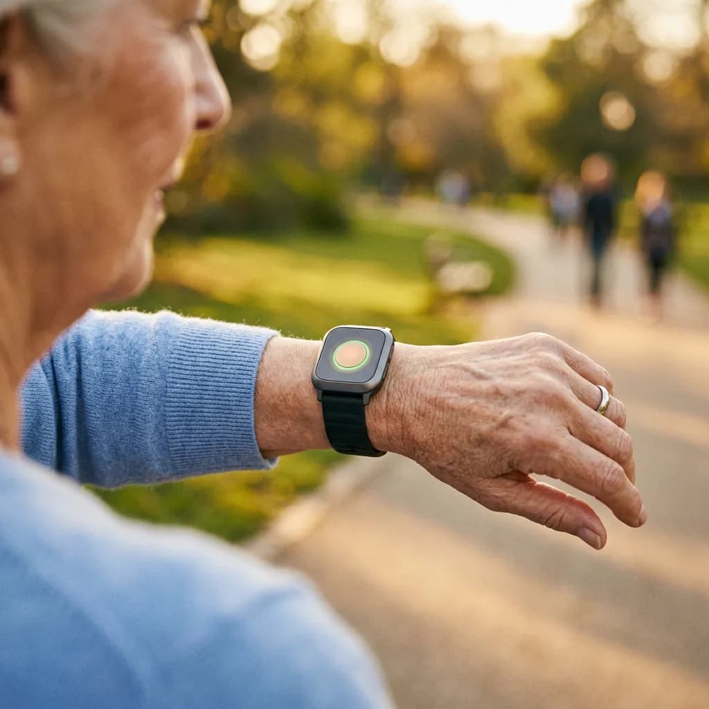Hand einer älteren Person mit einer modernen Notruf-Smartwatch in einem sonnigen Park.