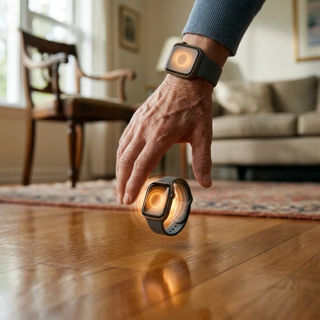 Hand eines älteren Menschen mit leuchtender Smartwatch kurz vor einem Holzboden.