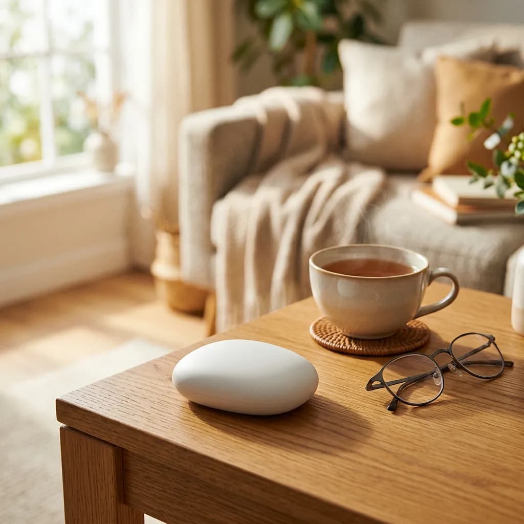 Weißer, steinähnlicher Sensor auf Holztisch neben Teetasse und Brille vor einem hellen Wohnzimmer.