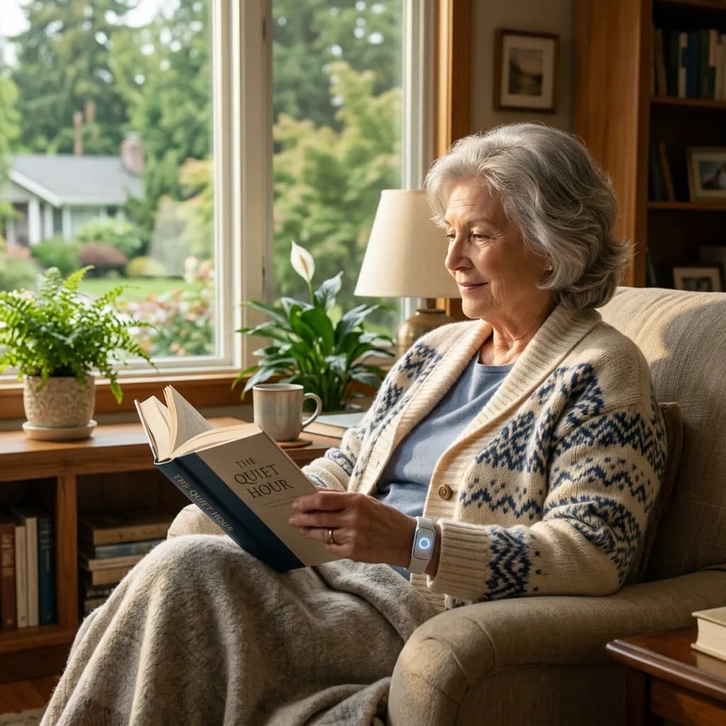Ältere Person liest ein Buch im Wohnzimmer und trägt ein modernes Notrufarmband am Handgelenk.