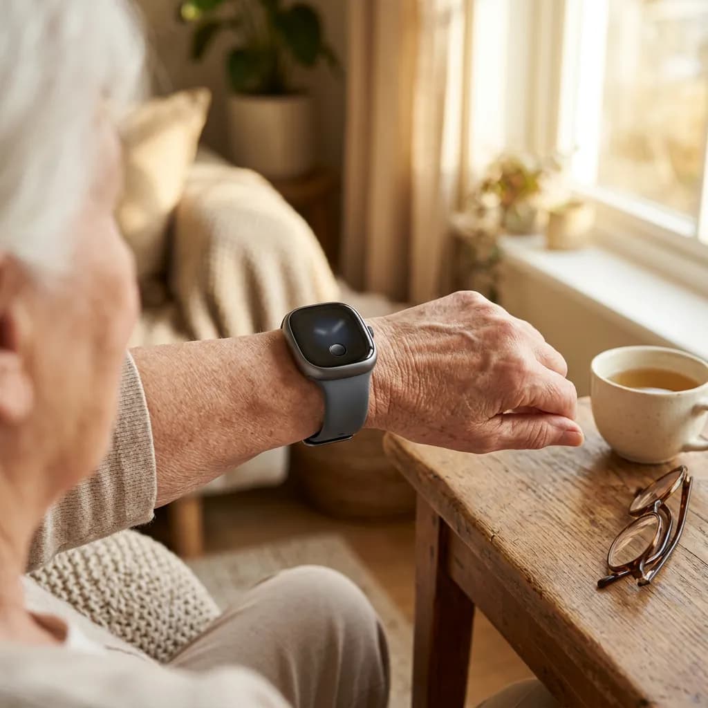 Handgelenk einer älteren Person mit Notfall-Smartwatch, Teetasse und Lesebrille auf einem Holztisch.