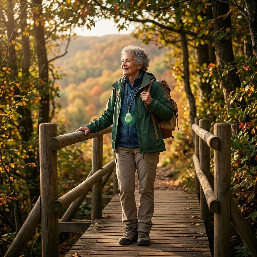 Ältere Person wandert über eine Holzbrücke im Wald mit einem leuchtenden Anhänger um den Hals.