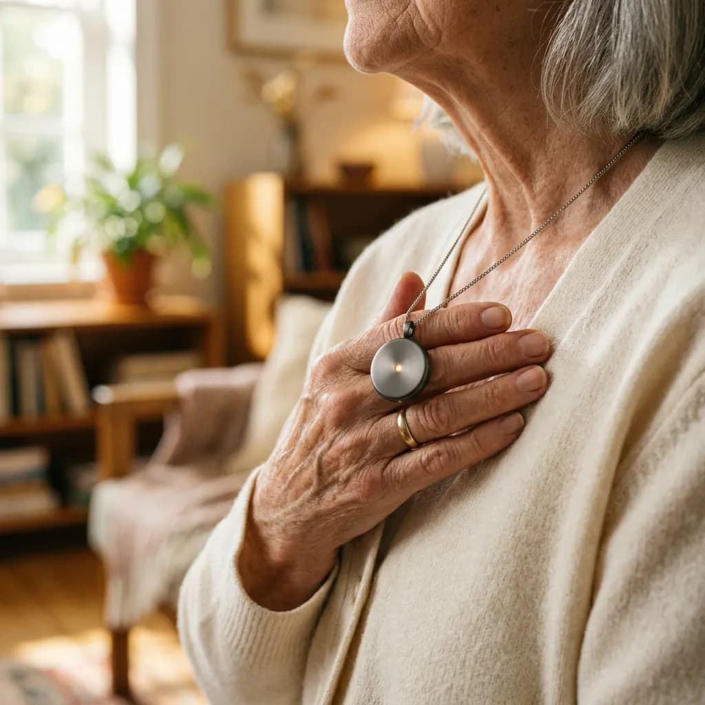Hand einer älteren Person auf einem runden Anhänger mit leuchtender Anzeige in einem Wohnzimmer.